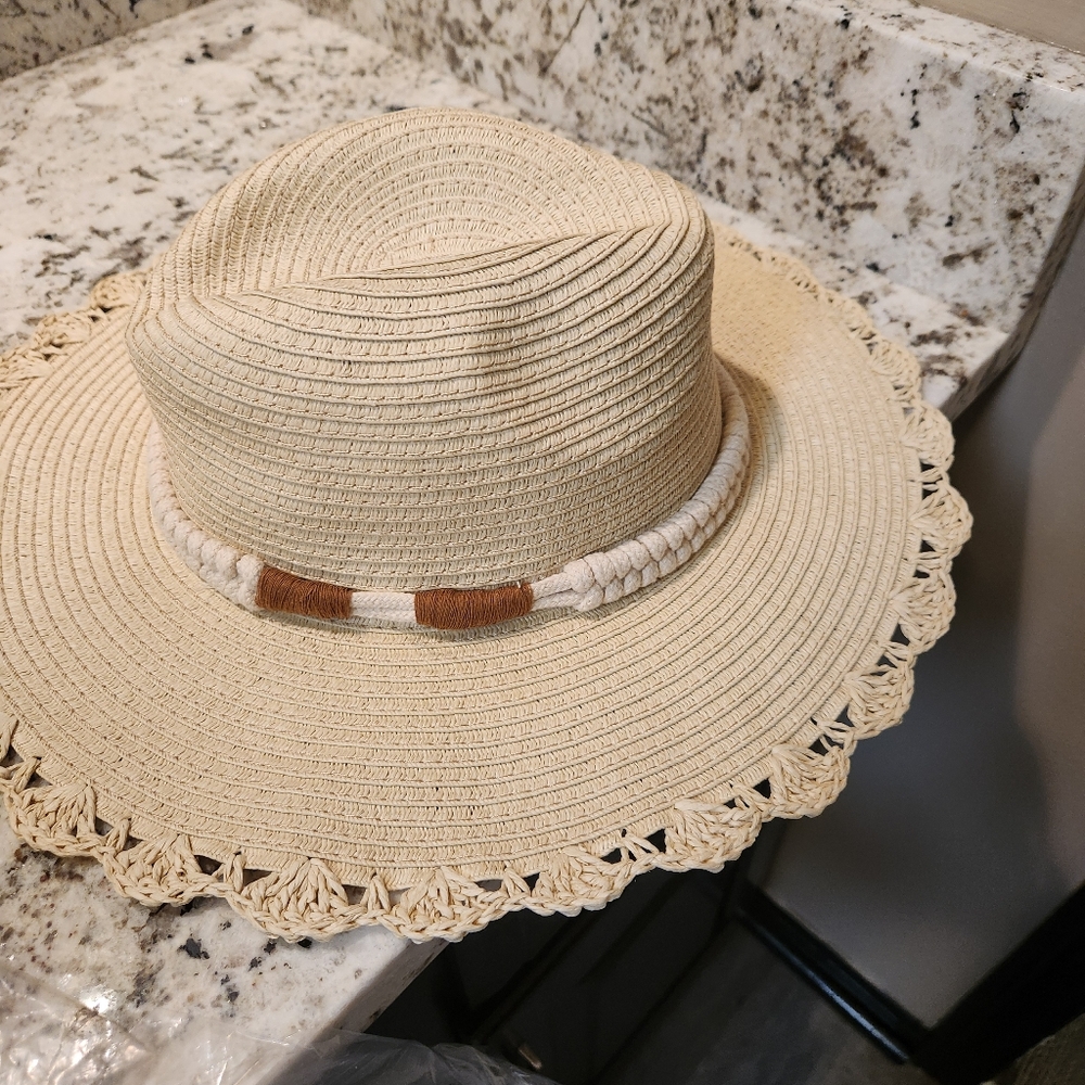 New York & Company Tan Floppy Wide-Brimmed Hat with Frayed Edges - Picture 2 of 5